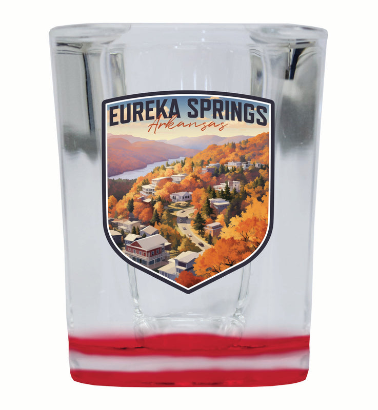 Eureka Springs Arkansas Little Switzerland of the Ozarks Design Souvenir 2 Ounce Shot Glass Square Red Base Single