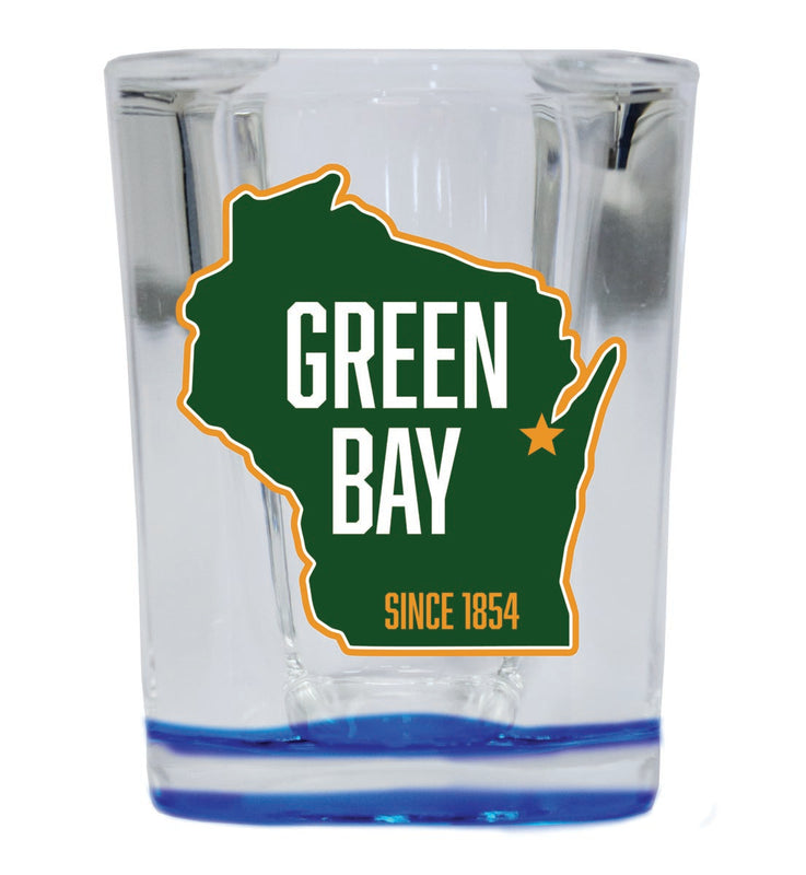 Green Bay Wisconsin Souvenir 2 oz Blue Shot Glass Round or Square Blue