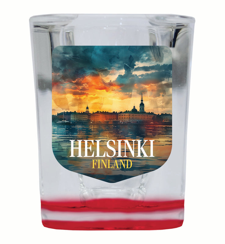 Helsinki Finland Sunset Cityscape Design Souvenir 2 Ounce Shot Glass Square Red Base Single