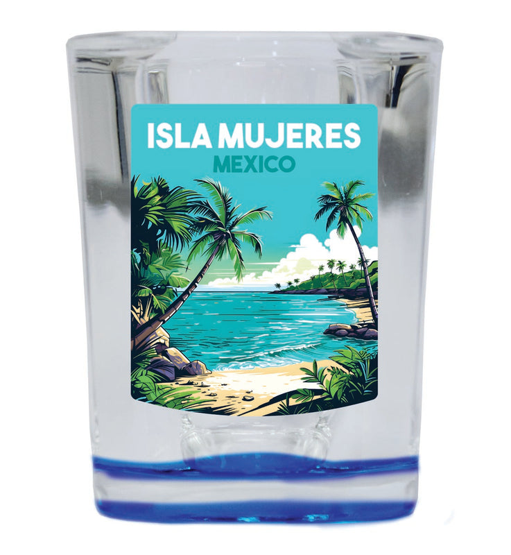 Isla Mujeres Mexico Souvenir 2 oz Blue Shot Glass Round or Square Blue