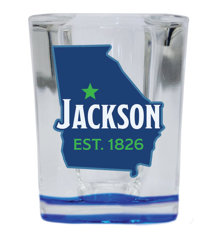 Jackson Georgia Souvenir 2 oz Blue Shot Glass Round or Square Blue