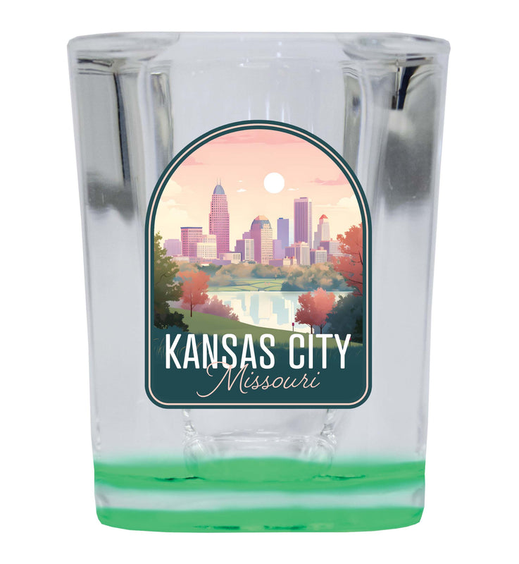 Kansas City Missouri Design B Souvenir 2 Ounce Shot Glass Square Green Base Single