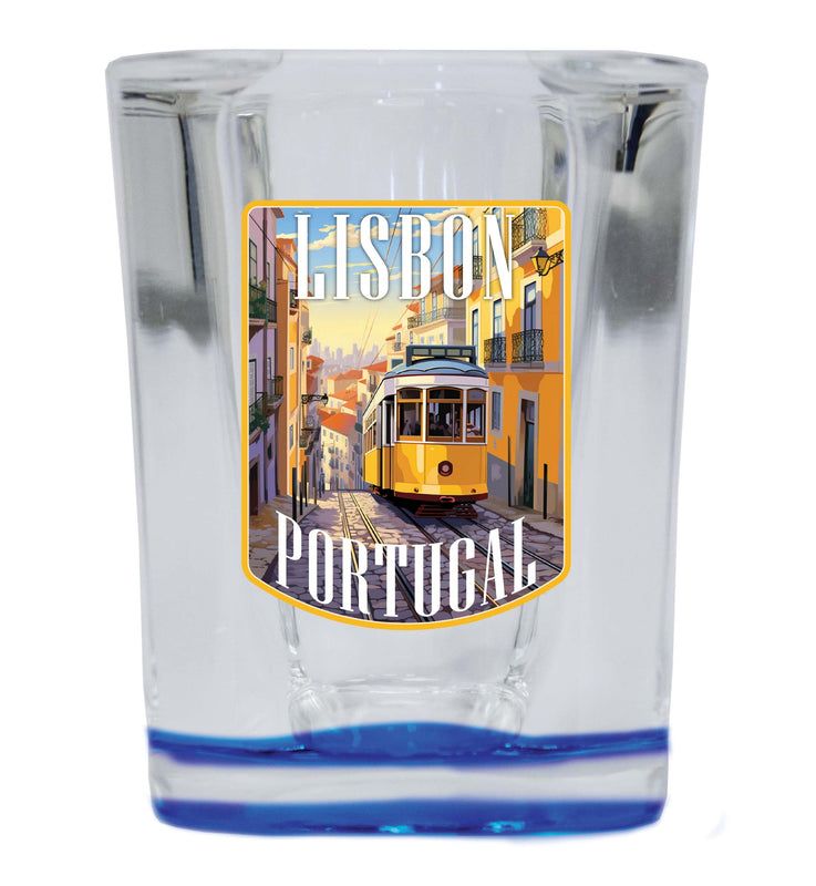 Lisbon Portugal Design A Souvenir 2 Ounce Shot Glass Square Blue Base 2-Pack