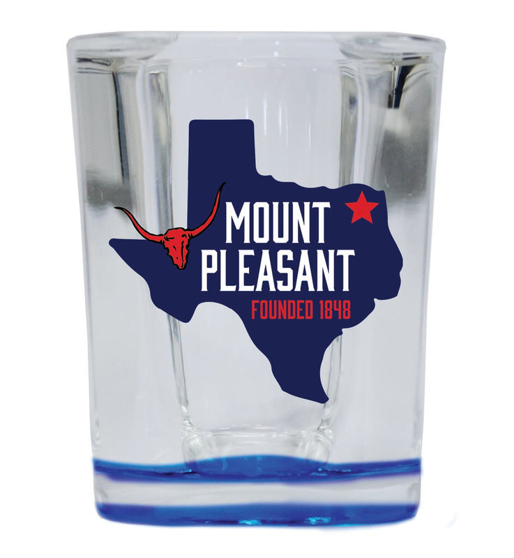 Mount Pleasant Texas Souvenir 2 oz Blue Shot Glass Round or Square Blue