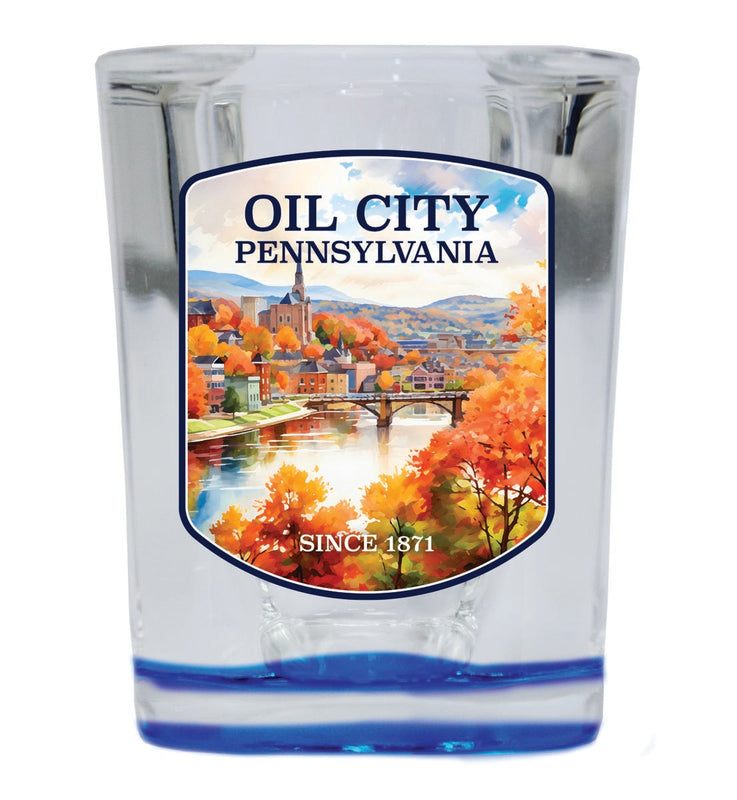 Oil City Pennsylvania Souvenir 2 oz Blue Shot Glass Round or Square Blue