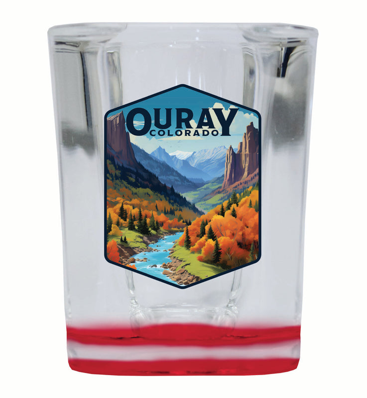 Ouray Colorado Mountain and River Design Souvenir 2 Ounce Shot Glass Square Red Base 4-Pack