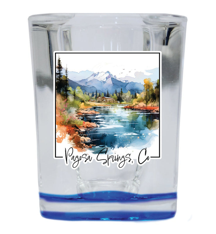 Pagosa Springs Colorado Souvenir 2 oz Blue Shot Glass Round or Square Blue