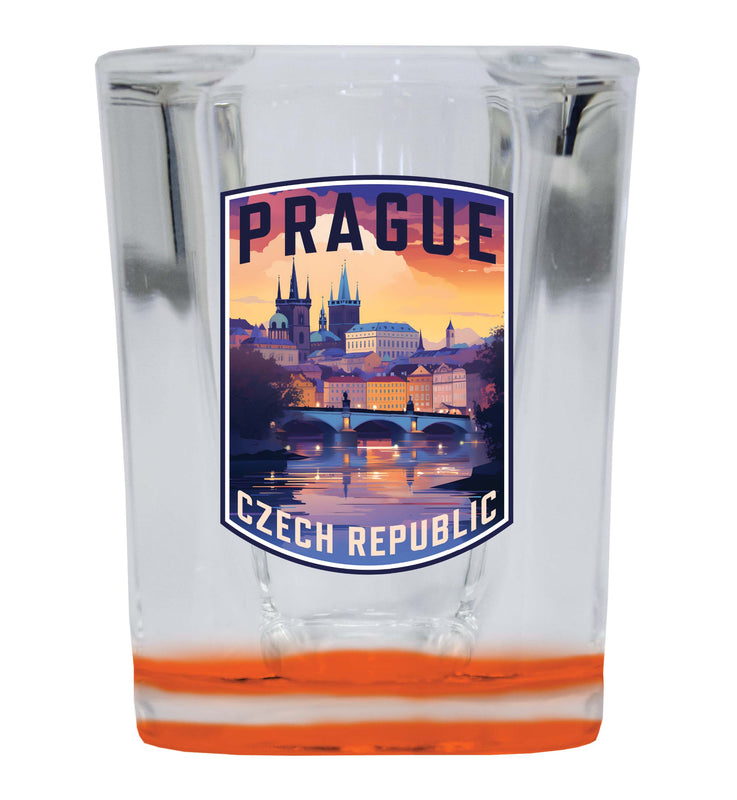 Prague Czech Republic Design B Souvenir 2 Ounce Shot Glass Square Orange Base 2-Pack