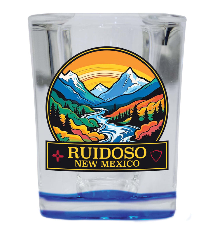 Ruidoso New Mexico Design B Souvenir 2 Ounce Shot Glass Square Blue Base Single
