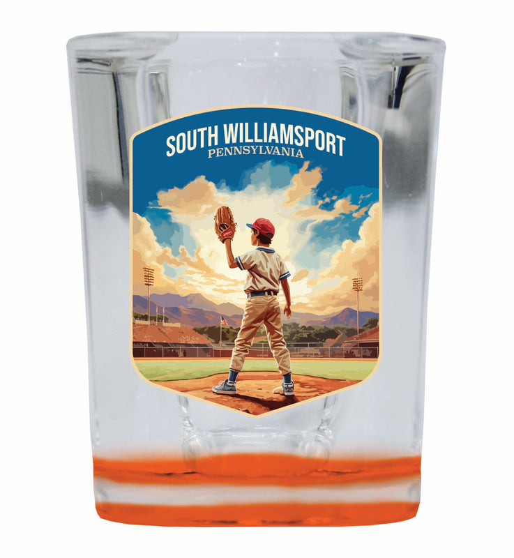 South Williamsport Pennsylvania Baseball Pitcher Design Souvenir 2 Ounce Shot Glass Square Orange Base 2-Pack