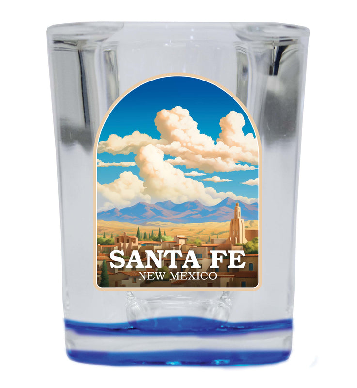 Santa Fe New Mexico Design A Souvenir 2 Ounce Shot Glass Square Blue Base 4-Pack