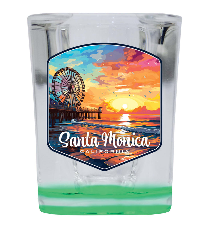 Santa Monica California Design A Souvenir 2 Ounce Shot Glass Square Green Base 4-Pack