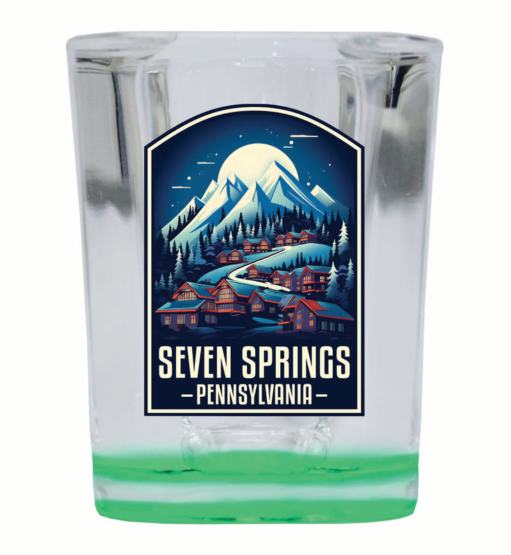 Seven Springs Pennsylvania Snowy Village Design Souvenir 2 Ounce Shot Glass Square Green Base Single