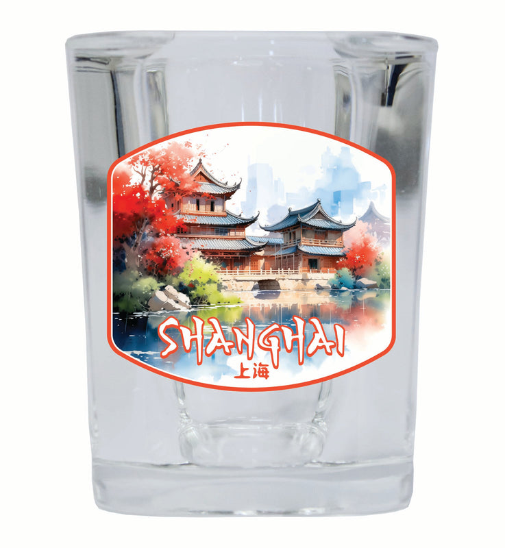 Shanghai China Watercolor Templates Design Souvenir 2 Ounce Shot Glass Square 4-Pack