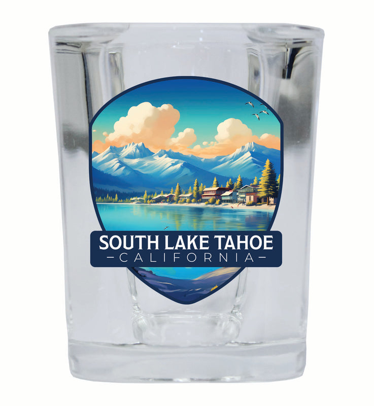 South Lake Tahoe Mountains over Lake Design Souvenir 2 Ounce Shot Glass Square 2-Pack