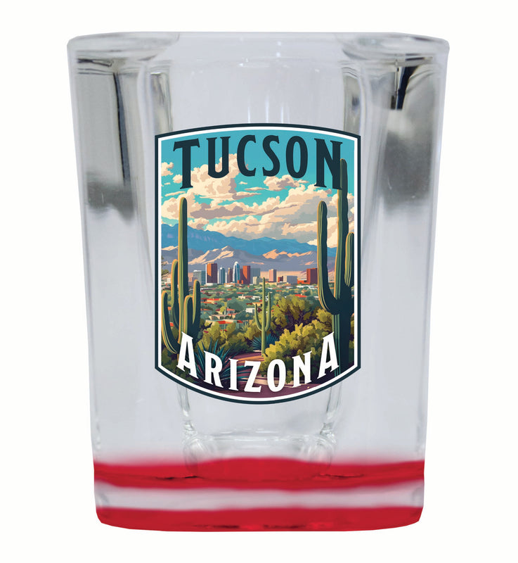 Tucson Arizona Cactus and Cityscape Design Souvenir 2 Ounce Shot Glass Square Red Base 2-Pack
