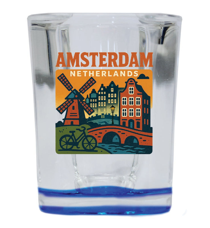 Amsterdam Netherlands Vintage Design Souvenir 2 Ounce Shot Glass Square Blue Base