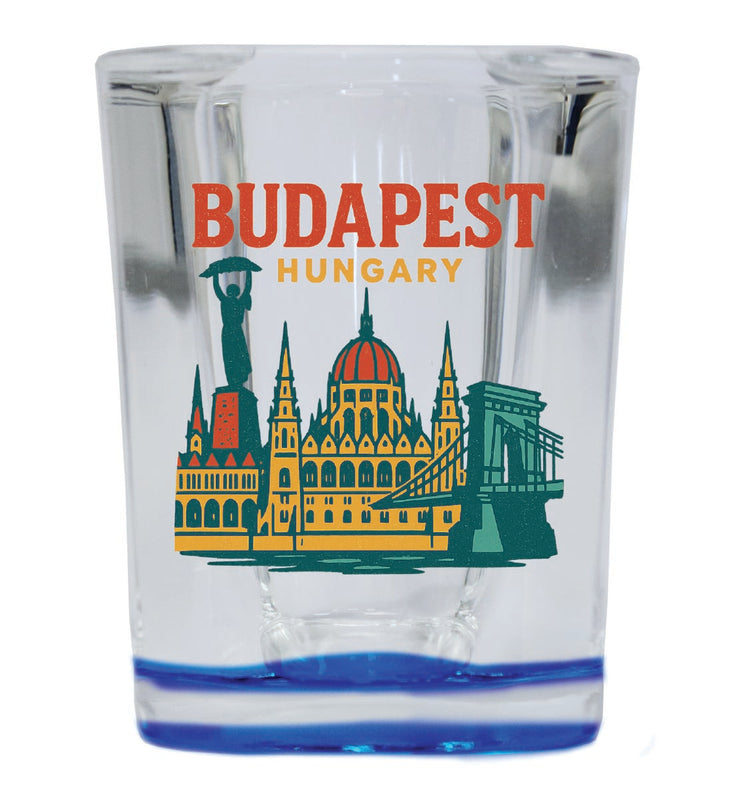 Budapest Hungary Vintage Design Souvenir 2 Ounce Shot Glass Square Blue Base