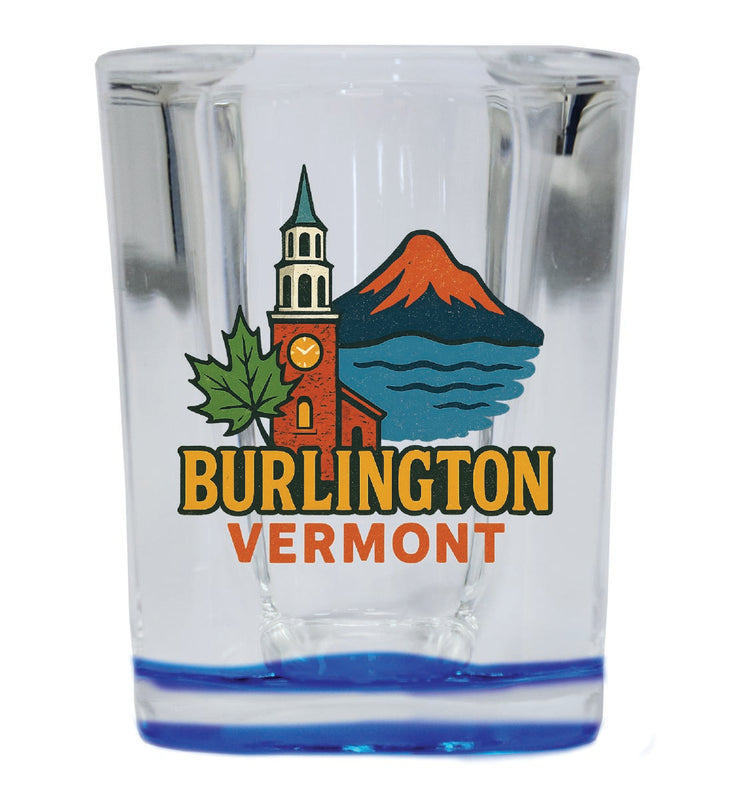 Burlington Vermont Vintage Design Souvenir 2 Ounce Shot Glass Square Blue Base