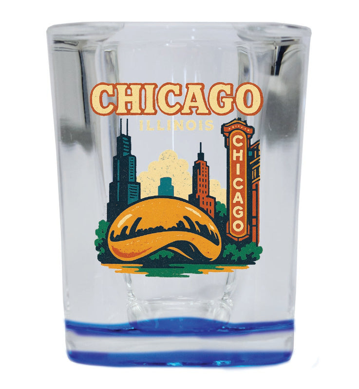 Chicago Illinois Vintage Design Souvenir 2 Ounce Shot Glass Square Blue Base