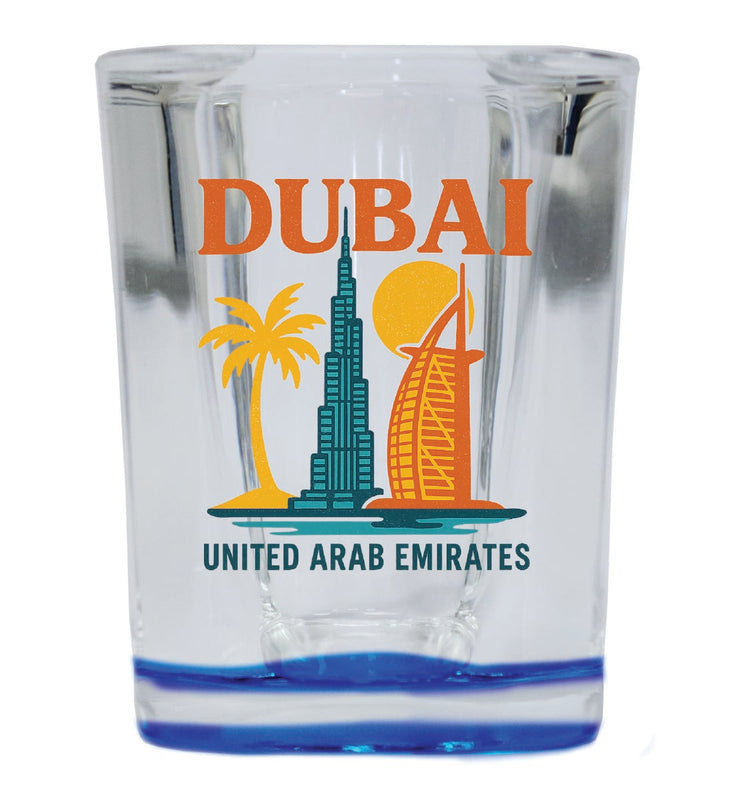 Dubai United Arab Emirates Vintage Design Souvenir 2 Ounce Shot Glass Square Blue Base