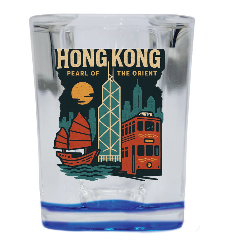 Hong Kong Vintage Design Souvenir 2 Ounce Shot Glass Square Blue Base