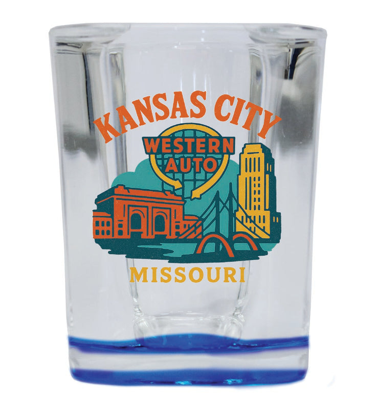 Kansas City Missouri Vintage Design Souvenir 2 Ounce Shot Glass Square Blue Base