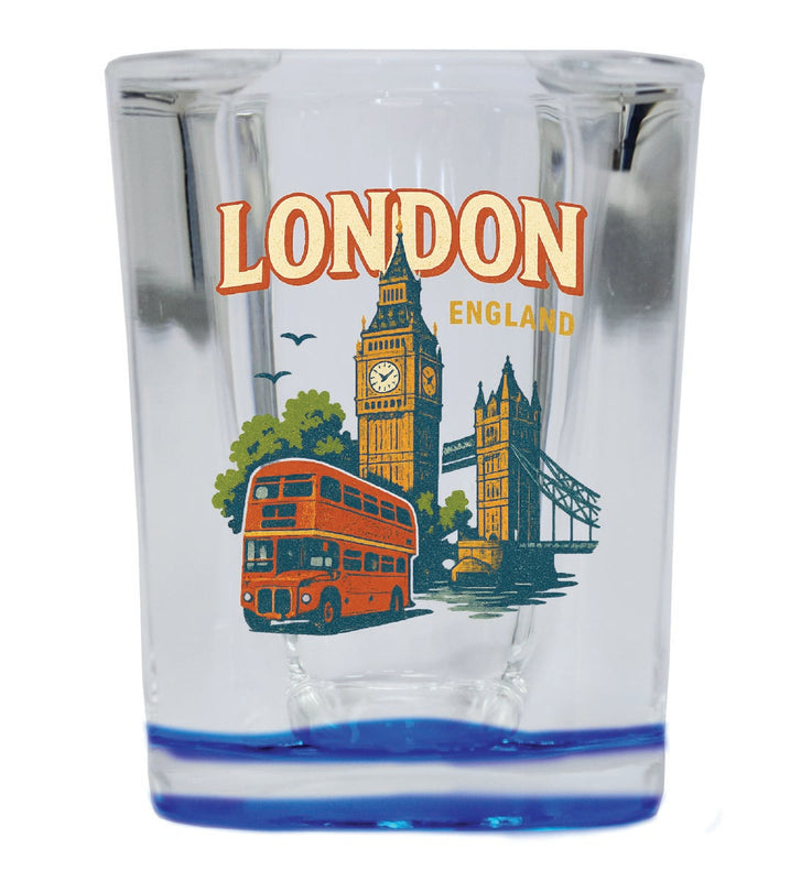 London England Vintage Design Souvenir 2 Ounce Shot Glass Square Blue Base
