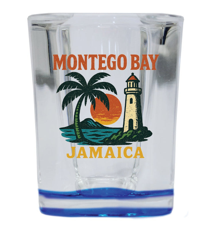 Montego Bay Jamaica Vintage Design Souvenir 2 Ounce Shot Glass Square Blue Base