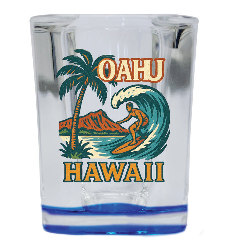 Oahu Hawaii Vintage Design Souvenir 2 Ounce Shot Glass Square Blue Base