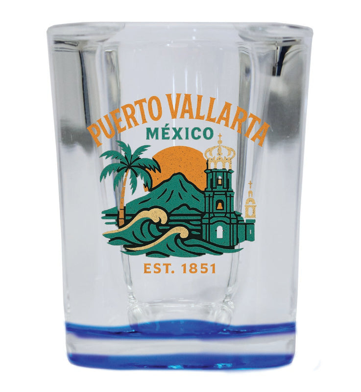 Puerto Vallarta Mexico Vintage Design Souvenir 2 Ounce Shot Glass Square Blue Base