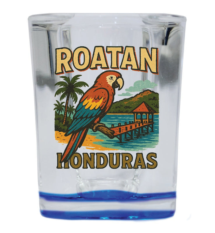 Roatan Honduras Vintage Design Souvenir 2 Ounce Shot Glass Square Blue Base