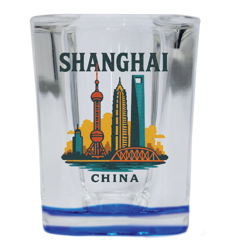 Shanghai China Vintage Design Souvenir 2 Ounce Shot Glass Square Blue Base