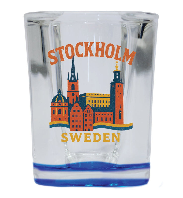 Stockholm Sweden Vintage Design Souvenir 2 Ounce Shot Glass Square Blue Base