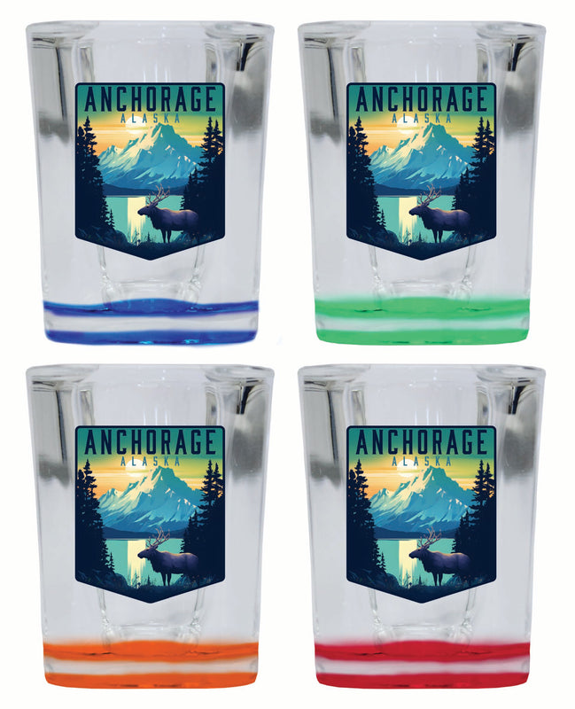 Anchorage Alaska Moose and Mountains Design Souvenir 2 Ounce Shot Glass Square 4-Pack Multicolor
