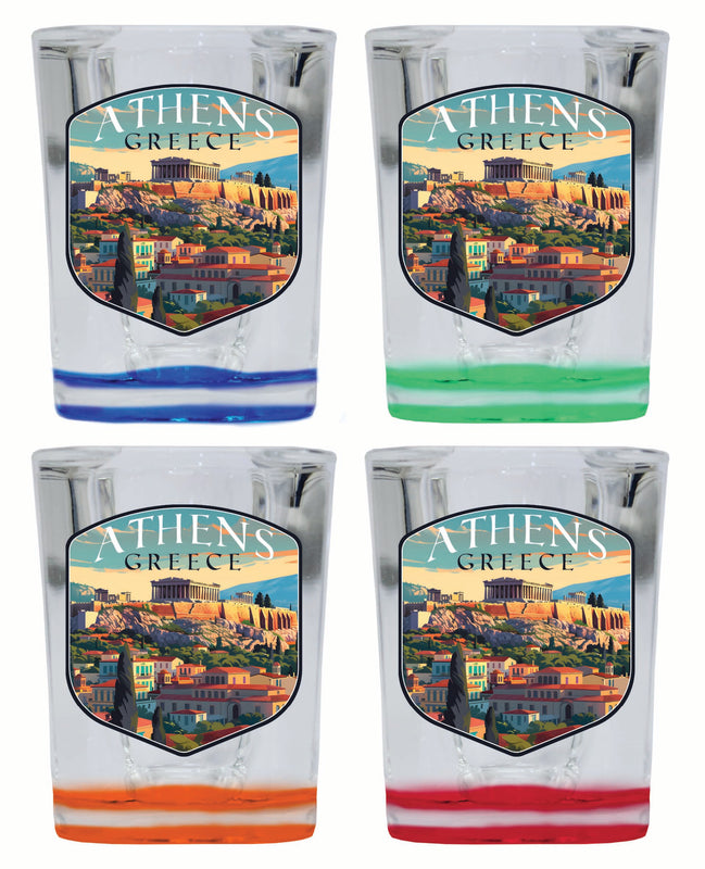 Athens Greece Acropolis Cityscape Design Souvenir 2 Ounce Shot Glass Square 4-Pack Multicolor