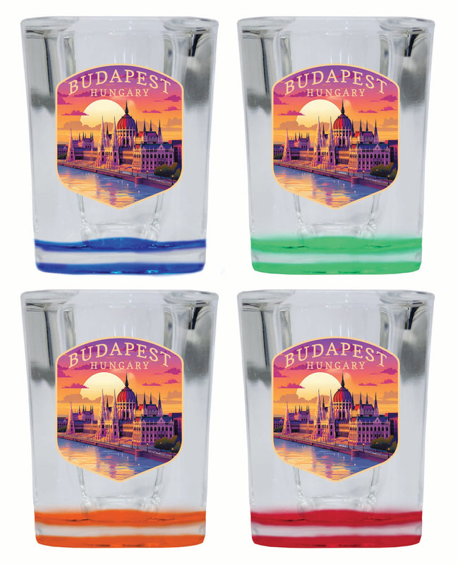 Budapest Hungary Parliament Building Design Souvenir 2 Ounce Shot Glass Square 4-Pack Multicolor