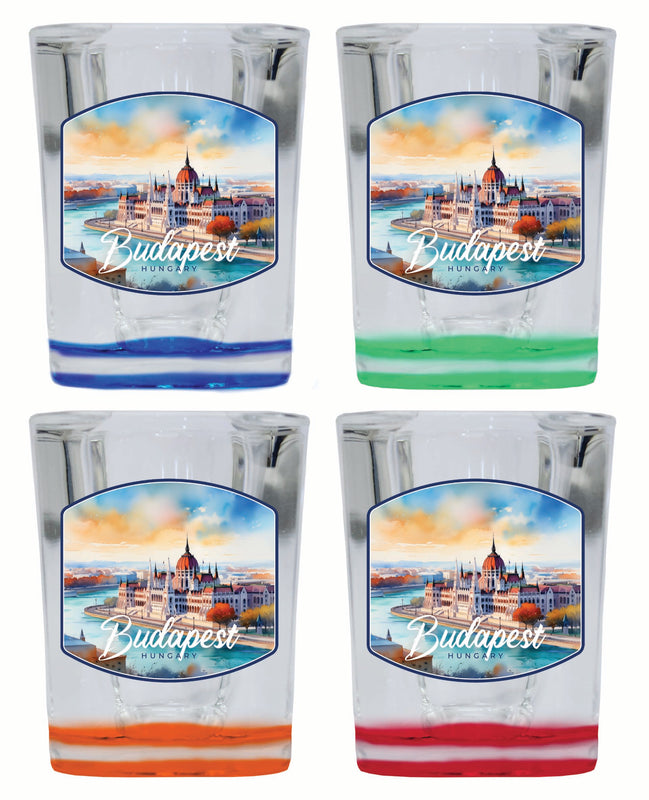 Budapest Hungary Watercolor Cityscape Design Souvenir 2 Ounce Shot Glass Square 4-Pack Multicolor