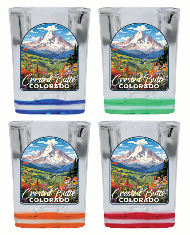 Crested Butte Mountain Colorado Wildflowers Design Souvenir 2 Ounce Shot Glass Square 4-Pack Multicolor