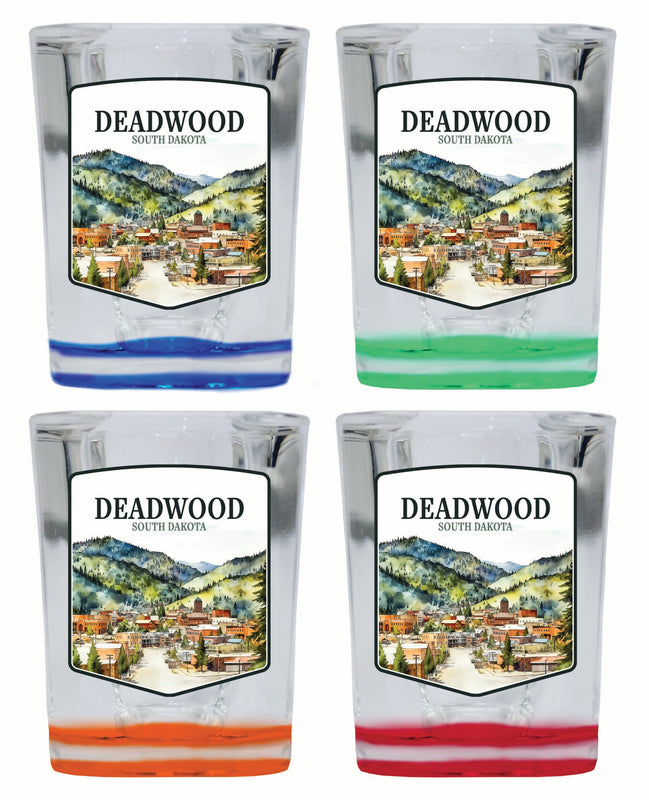 Deadwood South Dakota Watercolor Cityscape Design Souvenir 2 Ounce Shot Glass Square 4-Pack Multicolor