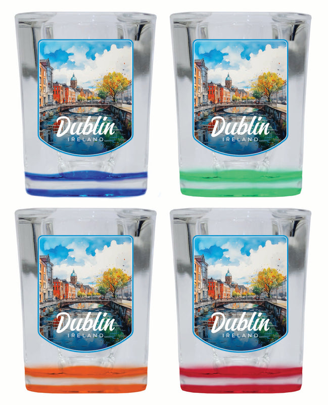 Dublin Ireland Watercolor Cityscape Design Souvenir 2 Ounce Shot Glass Square 4-Pack Multicolor