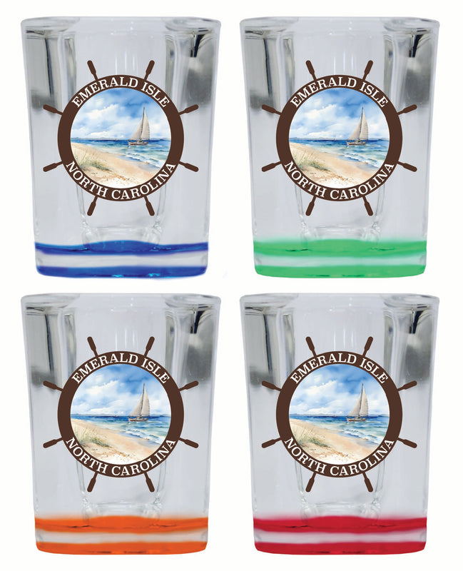 Emerald Isle North Carolina Nautical Helm Design Souvenir 2 Ounce Shot Glass Square 4-Pack Multicolor