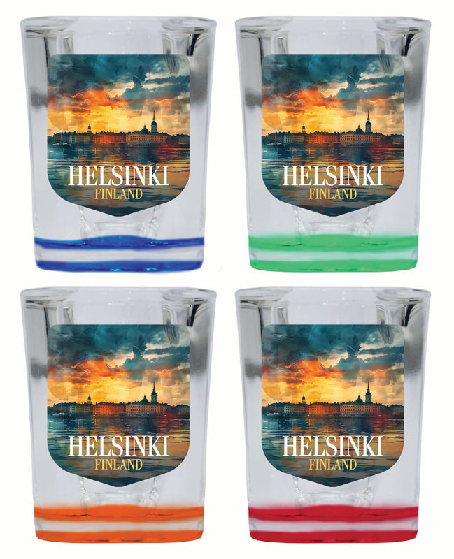 Helsinki Finland Sunset Cityscape Design Souvenir 2 Ounce Shot Glass Square 4-Pack Multicolor