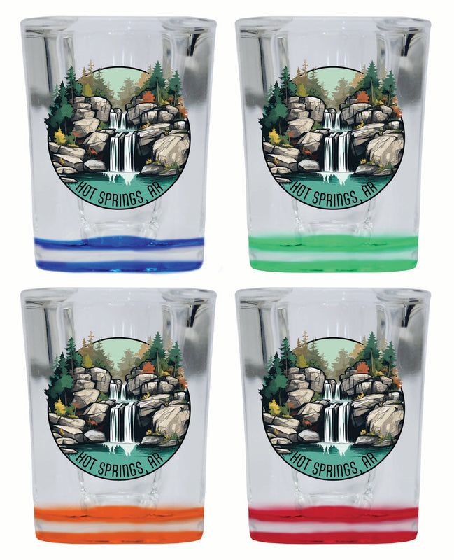 Hot Springs Arkansas Waterfall Illustration Design Souvenir 2 Ounce Shot Glass Square 4-Pack Multicolor