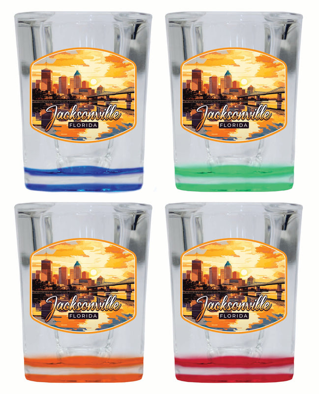 Jacksonville Florida Sunset Cityscape Design Souvenir 2 Ounce Shot Glass Square 4-Pack Multicolor