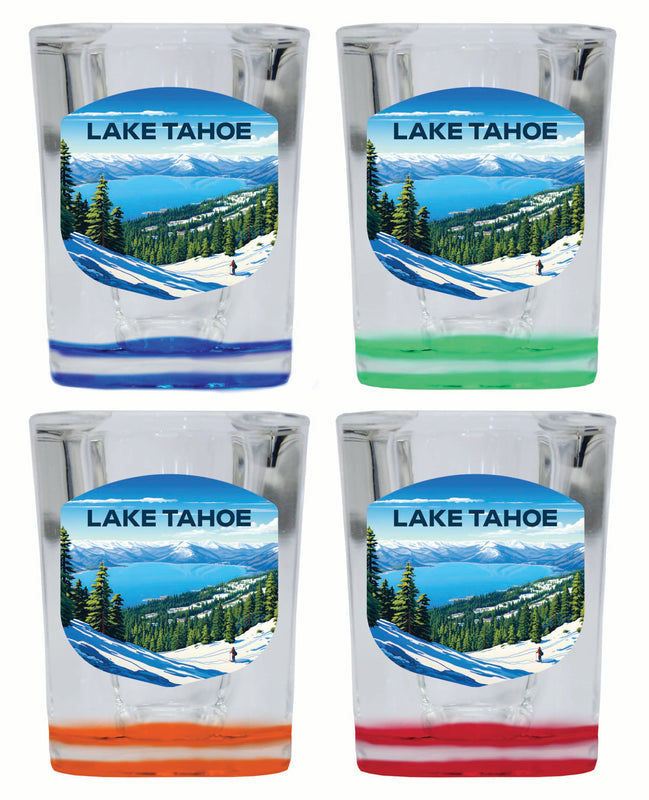 Lake Tahoe Ski Design D Souvenir 2 Ounce Shot Glass Square 4-Pack Multicolor