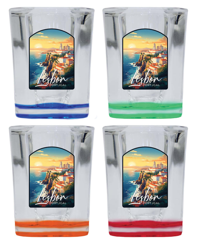 Lisbon Portugal Design B Souvenir 2 Ounce Shot Glass Square 4-Pack Multicolor