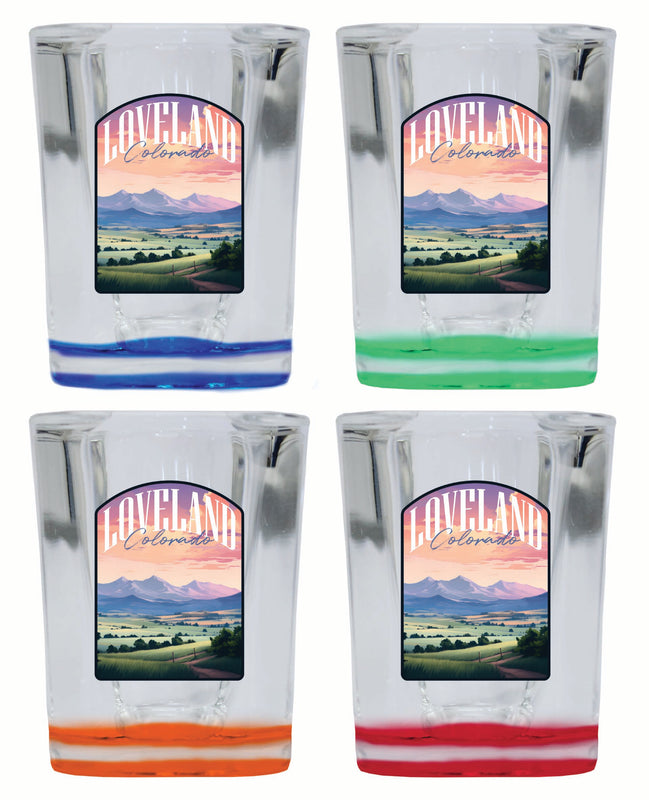 Loveland Colorado Pastel Landscape Design Souvenir 2 Ounce Shot Glass Square 4-Pack Multicolor