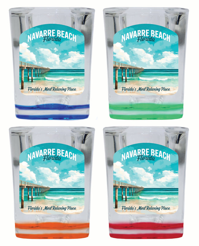 Navarre Beach Florida Pier Painting Design Souvenir 2 Ounce Shot Glass Square 4-Pack Multicolor