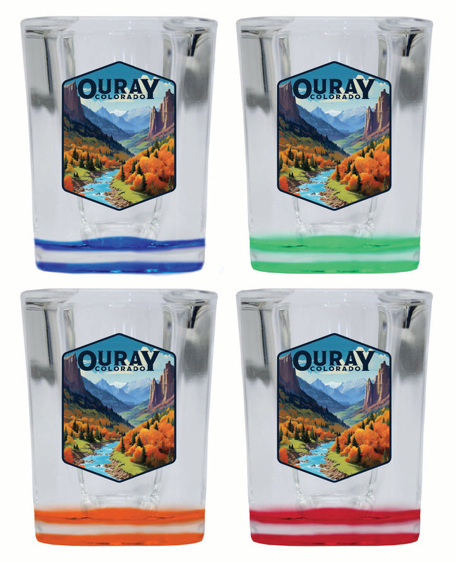 Ouray Colorado Mountain and River Design Souvenir 2 Ounce Shot Glass Square 4-Pack Multicolor
